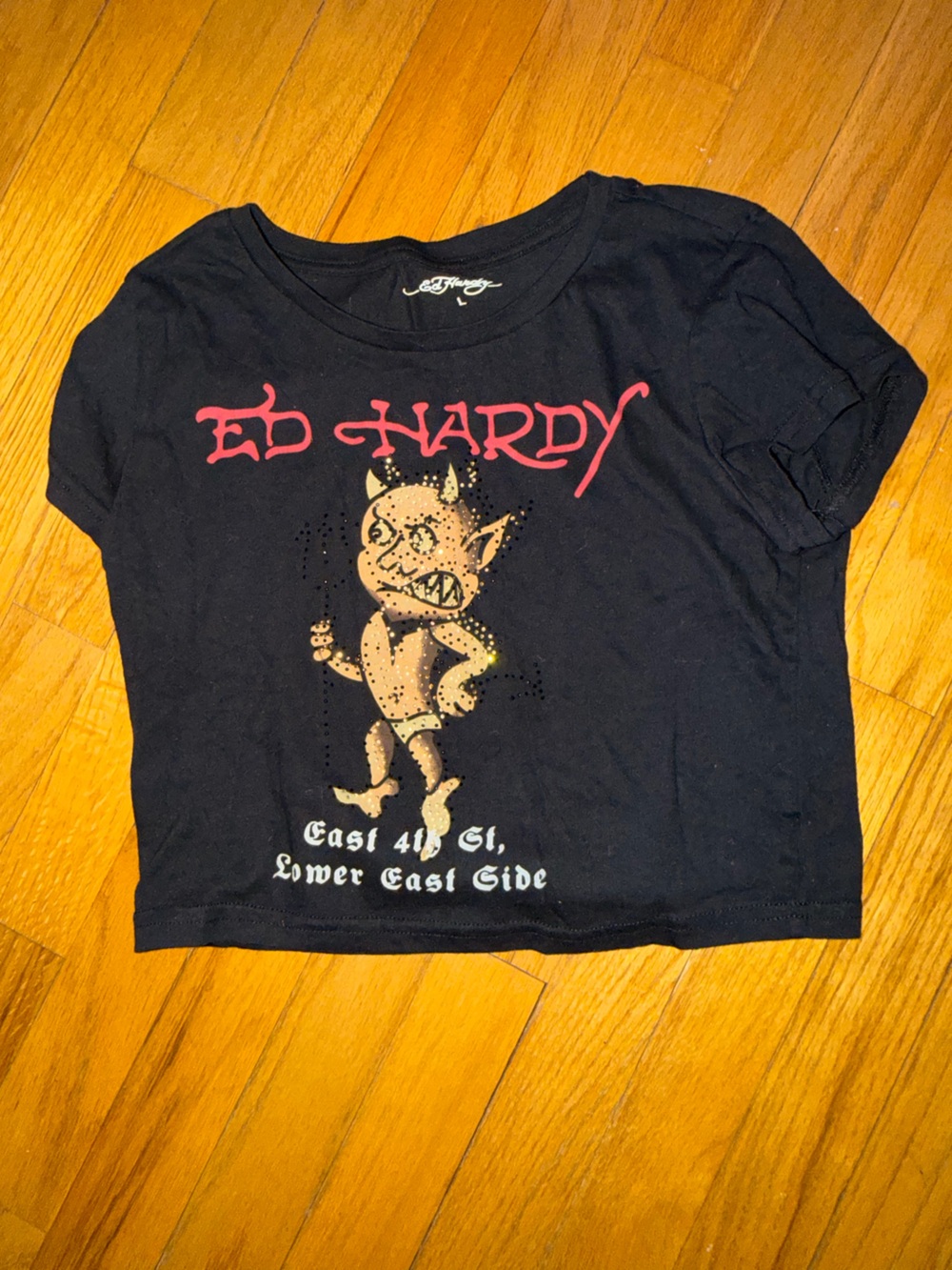 Ed Hardy Black Tee with Red Logo and Tan Devil Graphic Crop Top